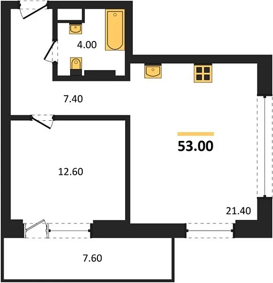 Апартаменты 1-комн. 53 кв. м