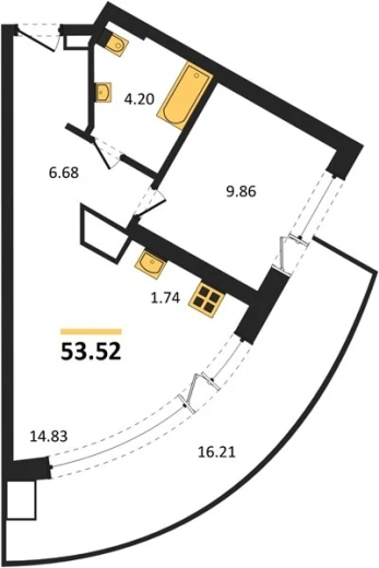 Апартаменты 1-комн. 53.52 кв. м