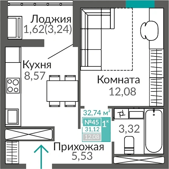 Квартира 1-комн. 31.12 кв.м