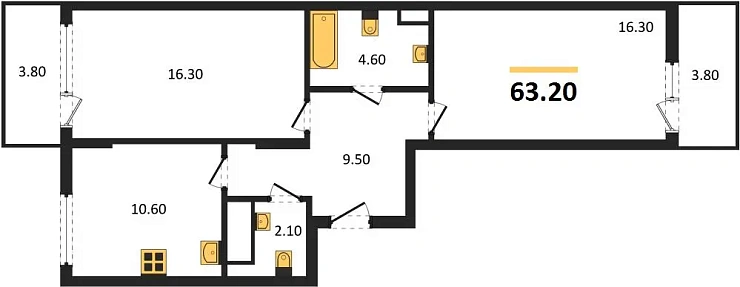 Квартира 2-комн. 63.2 кв. м