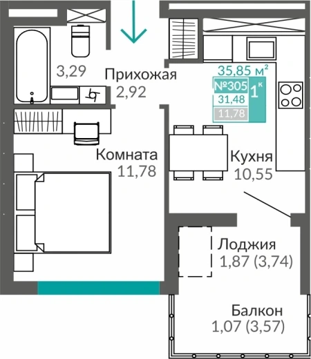 Квартира 1-комн. 31.48 кв.м