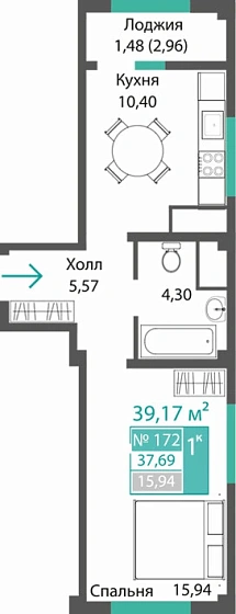 Квартира 1-комн. 37.69 кв.м