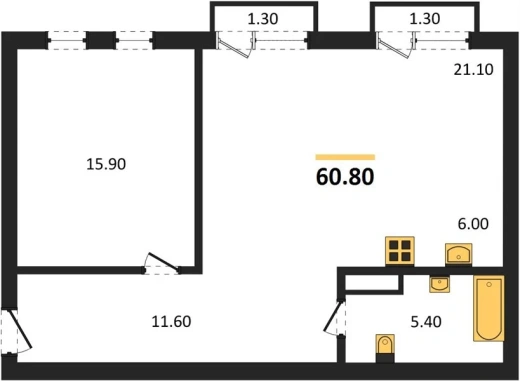 Квартира 1-комн. 60.8 кв. м