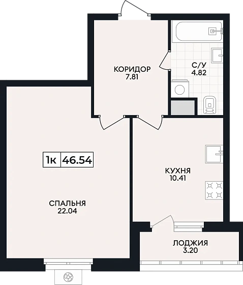 Квартира 1-комн. 46.54 кв. м