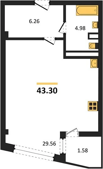 Апартаменты 1-комн. 43.3 кв. м
