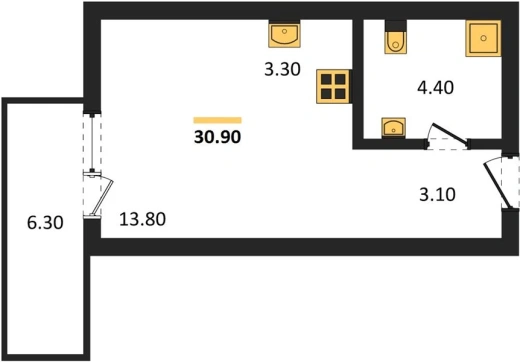 Квартира 1-комн. 30.9 кв. м