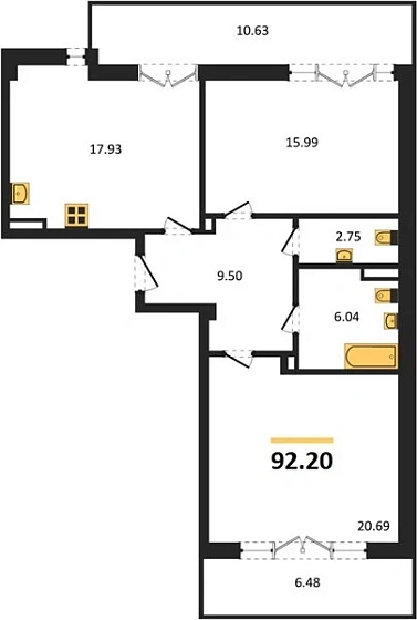 Квартира 2-комн. 92.2 кв. м
