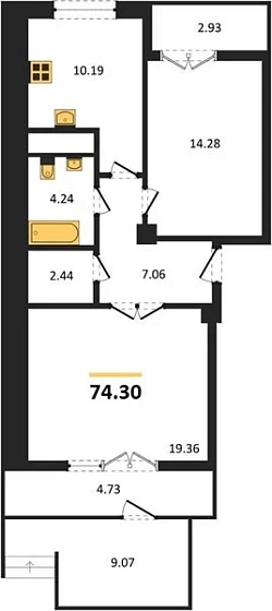 Квартира 2-комн. 74.3 кв. м
