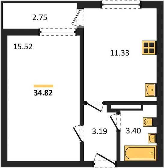 Квартира 1-комн. 34.82 кв. м