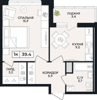 Квартира 1-комн. 39.4 кв. м