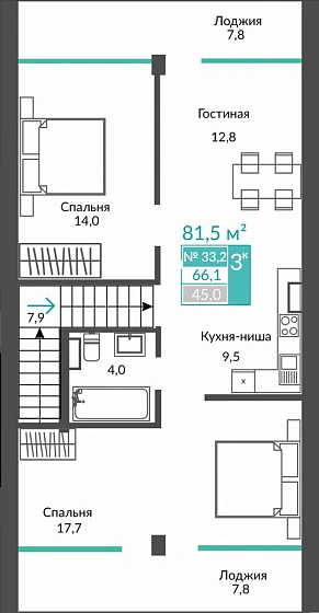 Апартаменты 3-комн. 81.5 кв.м