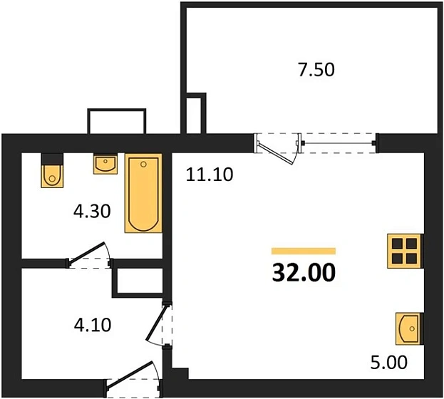 Квартира Студия 32 кв. м