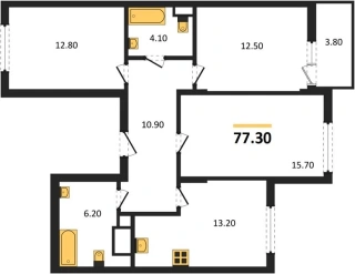 Квартира 3-комн. 77.3 кв. м