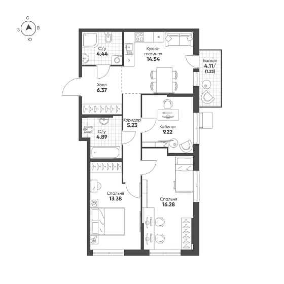 Квартира 3-комн. 75.58 кв. м