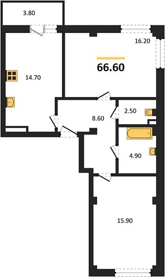 Квартира 2-комн. 66.6 кв. м