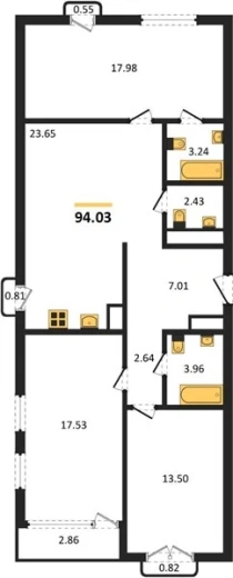 Квартира 3-комн. 94.03 кв. м