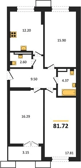 Квартира 3-комн. 81.72 кв. м