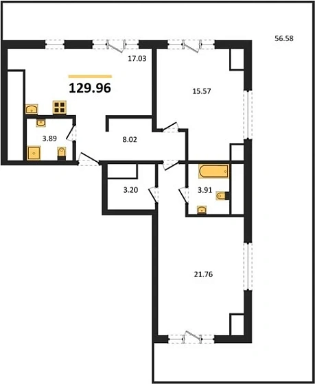 Квартира 2-комн. 129.96 кв. м