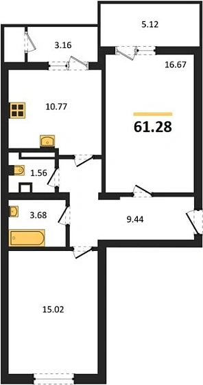 Квартира 2-комн. 61.28 кв. м