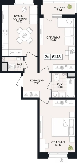 Квартира 2-комн. 61.18 кв. м