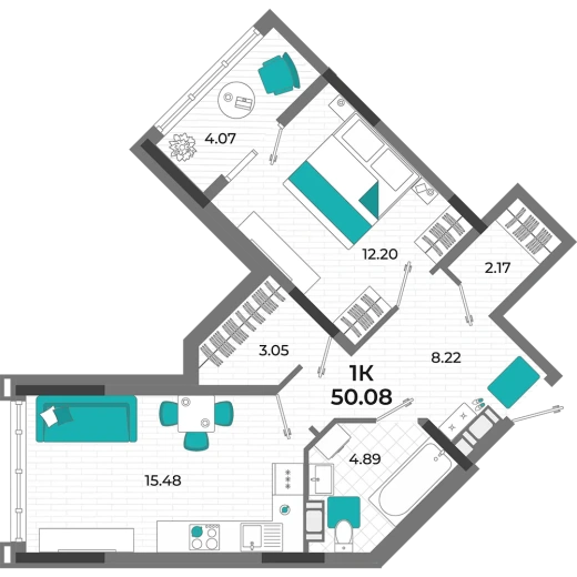 Квартира 1-комн. 50.08 кв. м