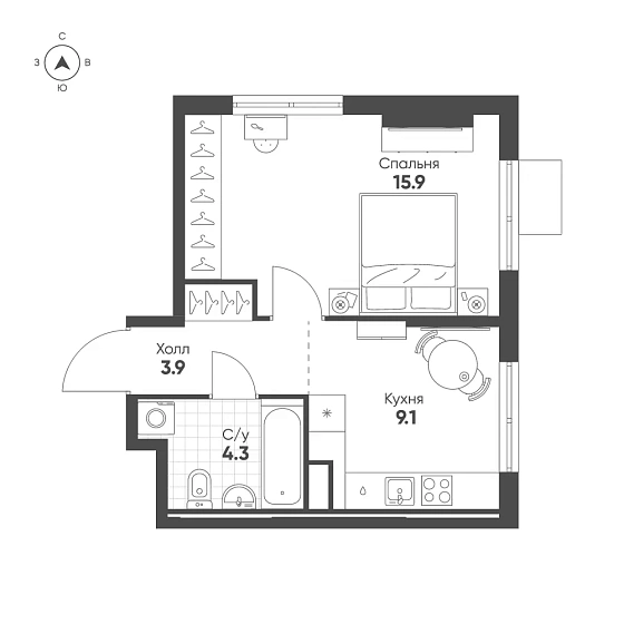 Квартира 1-комн. 33.2 кв. м