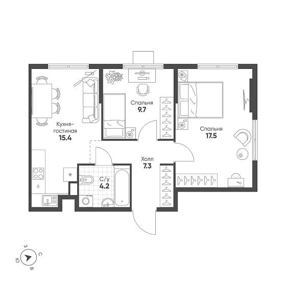 Квартира 2-комн. 54.1 кв. м