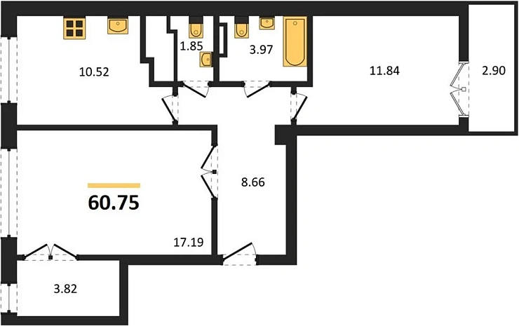 Квартира 2-комн. 60.75 кв. м