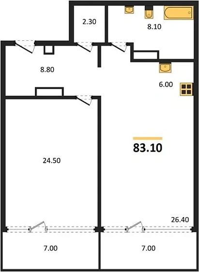 Квартира 1-комн. 83.1 кв. м