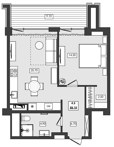 Апартаменты 2-комн. 58.1 кв. м