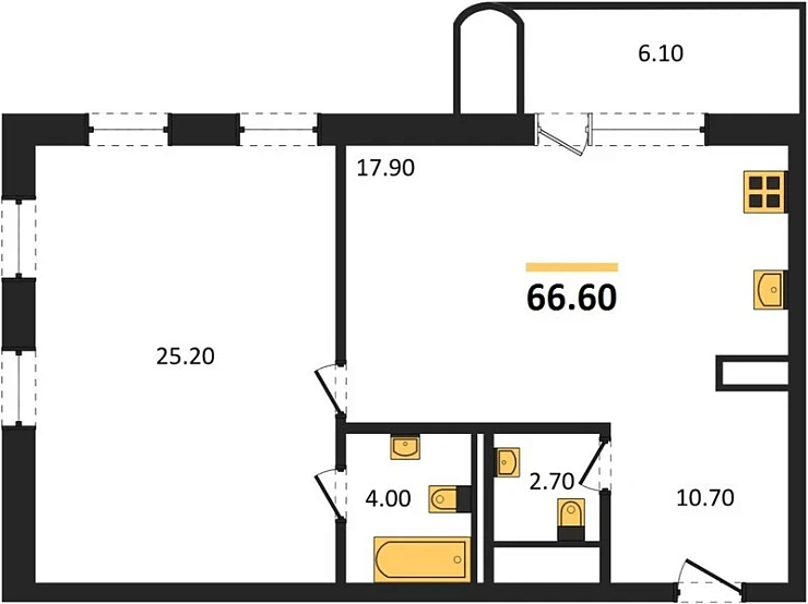 Квартира 1-комн. 66.6 кв. м