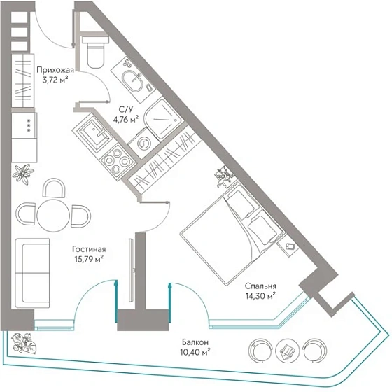 Квартира 1-комн. 48.97 кв. м