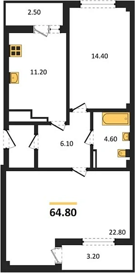 Квартира 2-комн. 64.8 кв. м