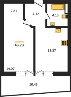Квартира 1-комн. 43.73 кв. м