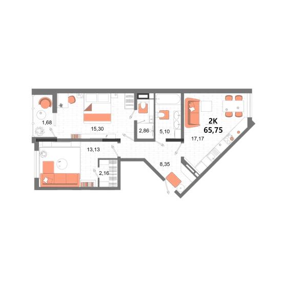 Квартира 2-комн. 65.75 кв. м