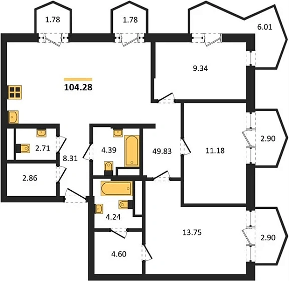 Квартира 3-комн. 104.28 кв. м