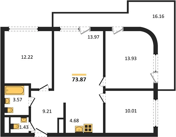Квартира 3-комн. 73.87 кв. м