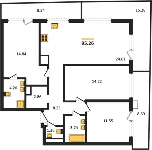 Квартира 3-комн. 95.26 кв. м