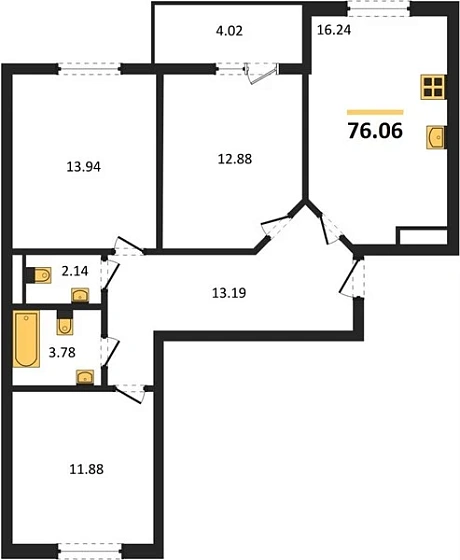 Квартира 3-комн. 76.06 кв. м