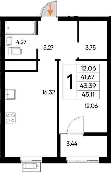 Квартира 1-комн. 45.11 кв. м