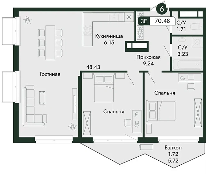 Квартира 2-комн. 70.48 кв. м