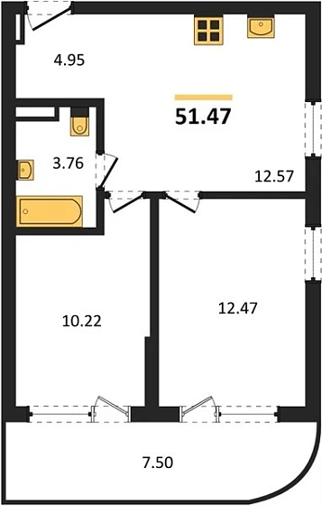 Апартаменты 2-комн. 51.47 кв. м