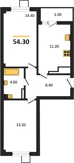 Квартира 2-комн. 54.3 кв. м