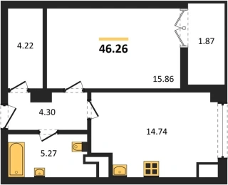 Квартира 1-комн. 46.26 кв. м