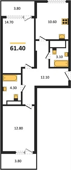 Квартира 2-комн. 61.4 кв. м