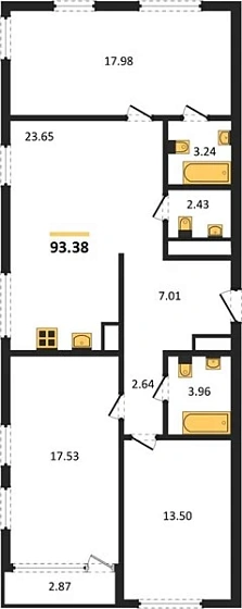 Квартира 3-комн. 93.38 кв. м