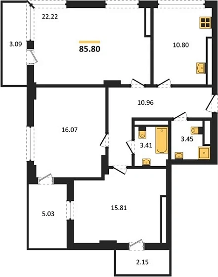 Квартира 3-комн. 85.8 кв. м