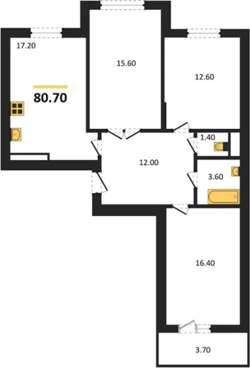 Квартира 3-комн. 80.7 кв. м