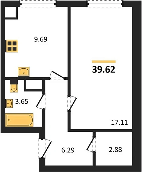 Квартира 1-комн. 39.62 кв. м