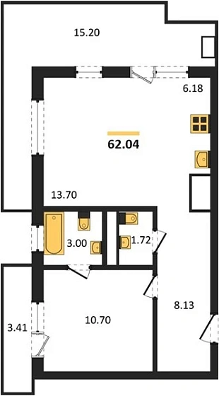 Апартаменты 1-комн. 62.04 кв. м
